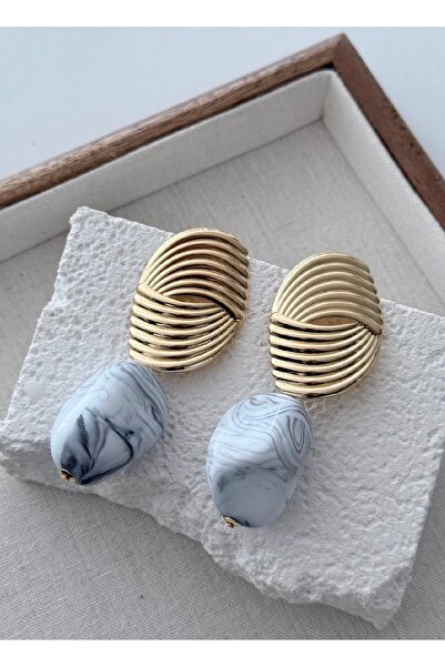 Tasarım Gold Vintage Formed Marble Patterned Stone Earrings