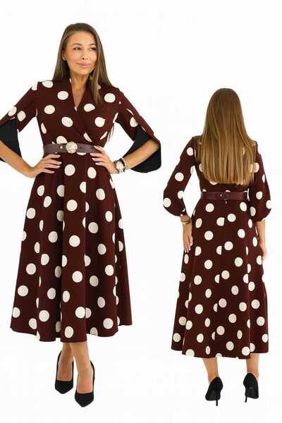 ANATOLIATEKSTILE Elegant Women's Midi Polka Dot Dress, Belt – Office & Event ...