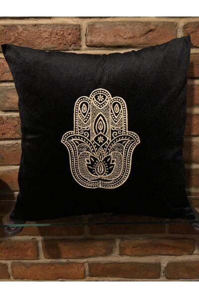 harmony factory Hamsa Hand Embroidered Black Velvet Cushion Cover 40X40 Fatma...