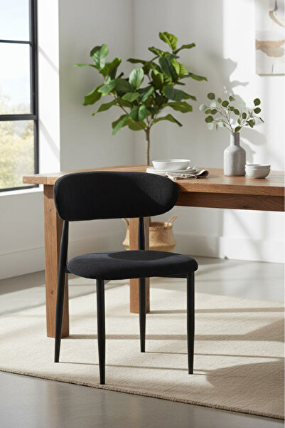 MARIA HOMES Modern Black Fabric Dining Chair with Curved Backrest & Solid Woo...