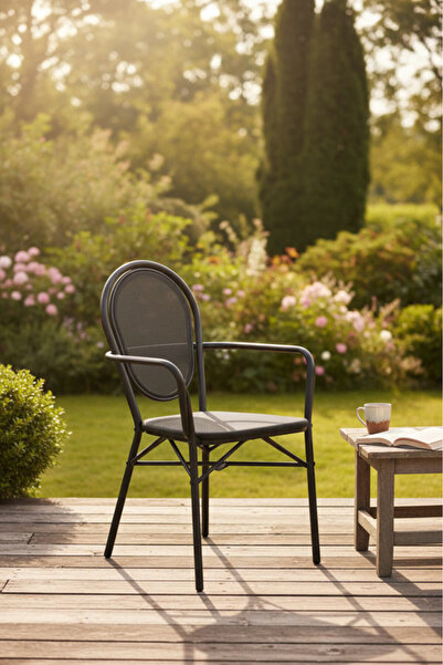 MARIA HOMES Modern BLACK Outdoor Rattan Armchair with Woven Seat & Metal Frame