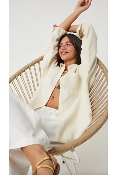 S&A DESIGN Women's Oversized Basic Muslin Fabric Pocket Shirt