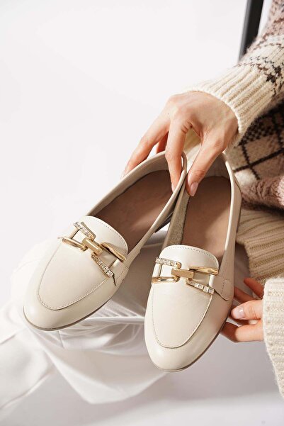 Moda Pie Ladever Stone Buckled Genuine Leather Women's Shoes Beige Skin