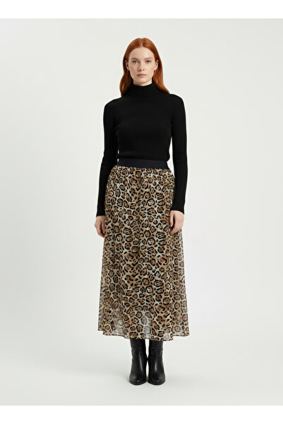 Neden Tekstil Leopard Printed Piece Elastic Waist Long Skirt
