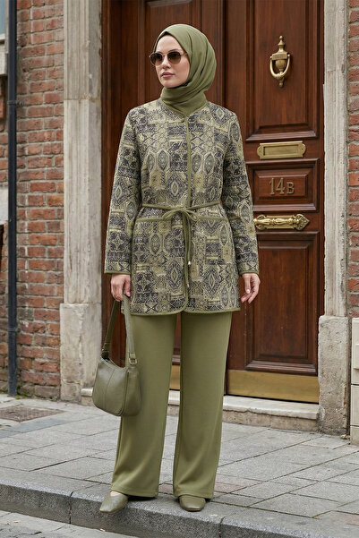 MODAQU Authentic Pattern Pocketed Scuba Jacket and Trousers Set - Khaki