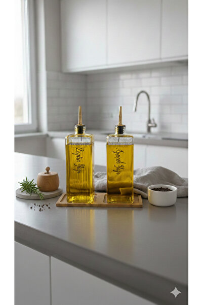 Dia 2’li Gold Kapaklı Cam Yağdanlık Ayçiçek & Zeytinyağı Etiketli Standlı Yağ...