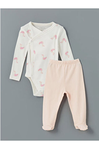 LC Waikiki Ecru v-neck Printed baby girl hospital outfit set