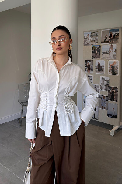 MAGARDE Cămașă cu șnur și detalii tip corset - ECRU