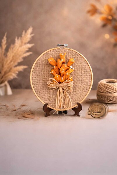MARAŞ KOZA Turuncu El Yapımı Doğal Nakış Kasnak Duvar Dekoru – Bohem Rustik T...