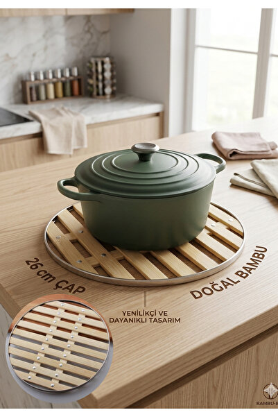 BRE HOME Premium Lüks 26 cm Büyük Boy Doğal Bambu Tencere Nihalesi - Isıya Da...
