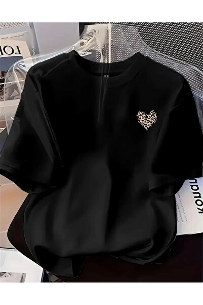 yombaa Leopard Mini Heart Printed Oversize Circular Neck T-Shirt