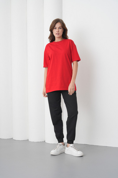 caddekombin Women's Red-Black Cotton Pack Crew Neck T-Shirt Pocketed Jogger P...