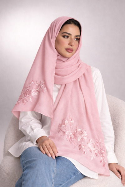 Veil Designer Two-layer pink hijab with embroidered roses on both ends, Japan...
