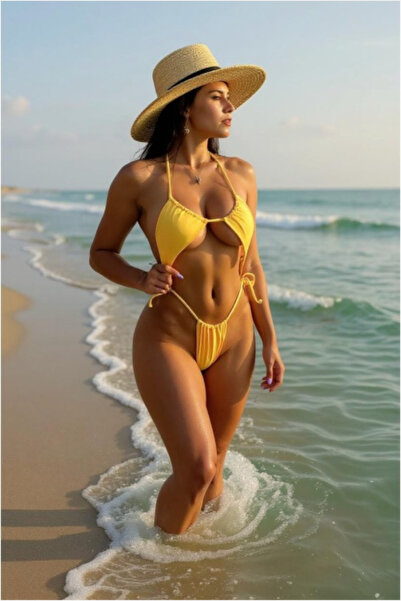 Vielove Kadın Sarı Üçgen Bikini Takımı – Yandan Bağlamalı Tanga Altlı Mayo