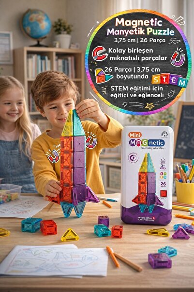 TOYFEST Magnetic Manyetik Puzzle 3,75 cm 26 Parça Mıknatıslı Blok STEM Eğitic...