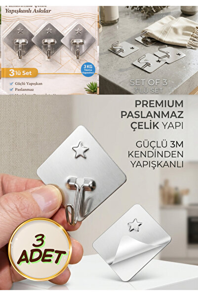 BRE HOME 3'lü Set Paslanmaz Çelik Kendinden Yapışkanlı Duvar Askısı - 3 kg Ta...