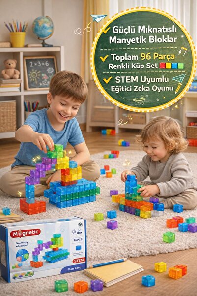TOYFEST Magnetic 96 Parça Renkli Manyetik Küp Blok Seti | STEM Geometri Eğiti...