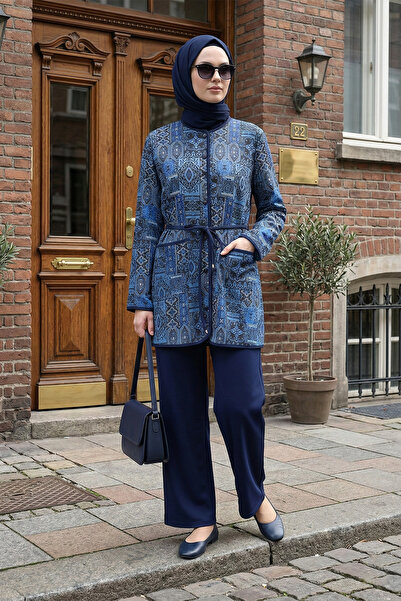 MODAQU Authentic Pattern Pocketed Scuba Jacket and Trousers Set - Navy Blue