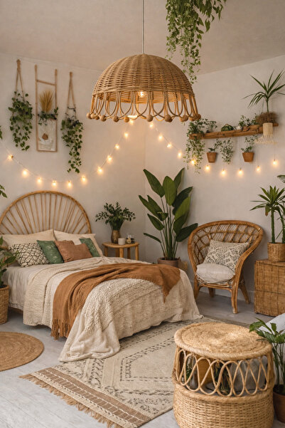 REMO Rattan Bambu Hasır Sarkıt Avize Çap 35 cm Yükseklik 25