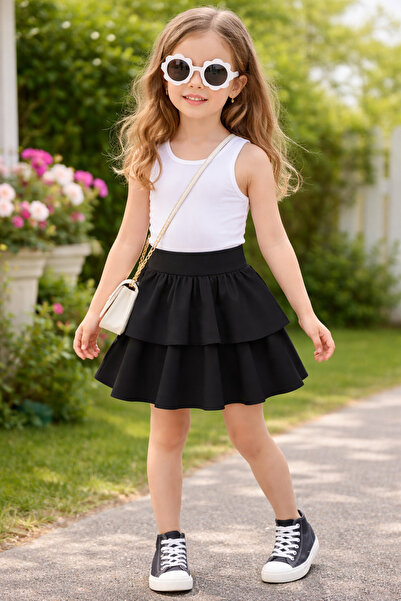 MAROVOAY Girl's 2-Layer Ruffled Flared Skirt