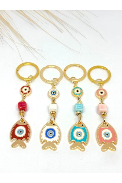 Azrua 4 Pieces of Metal Fish Evil Eye Beads in Different Colors Set of Keychain , Metal Fish Keychain Pieces