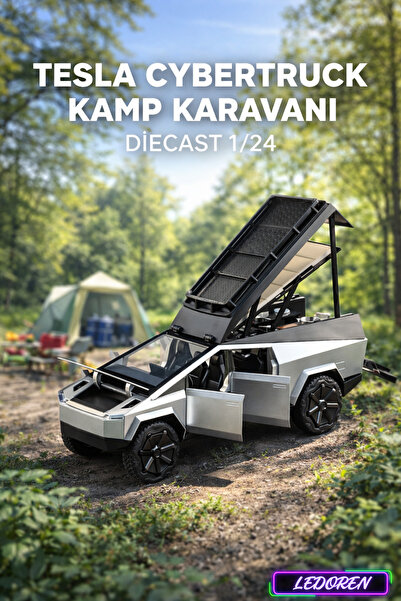 L'eDoren Gümüş Renkli Tesla Cybertruck Pickup Karavan 1/24 Diecast Koleksiyon...