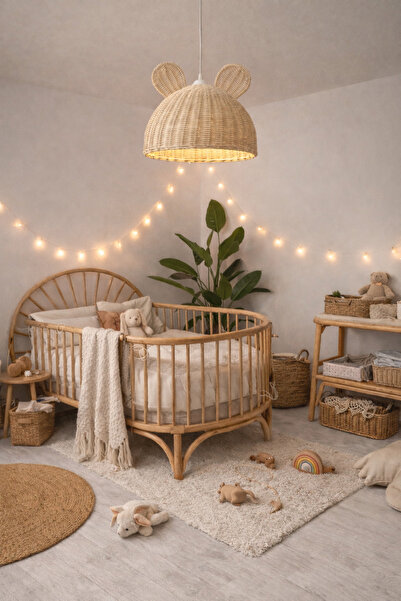 REMO Rattan Bambu Hasır Kulaklı Avize , Bebek odası Çocuk Odası Avize 30 cm