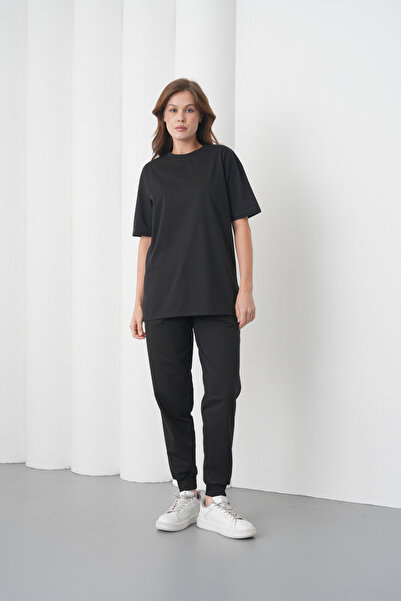 caddekombin Ženska crna Pamuk komada okrugla kragna Sa džepovima Jogger Set g...