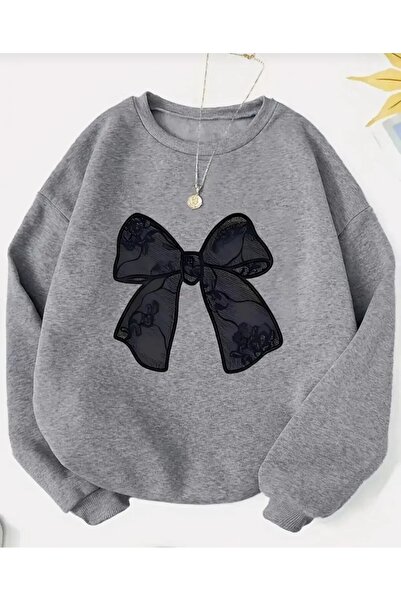 Kids SİYAH kurdele baskılı sweatshirt gri
