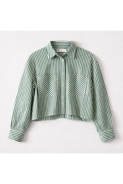 Revda Kadın Yeşil-Beyaz Çizgili Çift Cepli Crop Gömlek