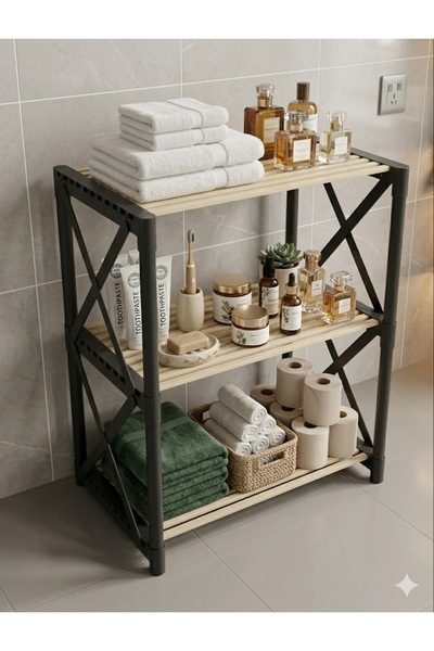 CasaNovi ZENNA 3 KATLI SİYAH Dekoratif Çok Amaçlı BANYO RAFI Siyah-Ahşap
