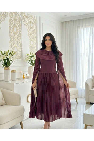 alqarat Taraf Pleated Gown with Royal Cape Collar