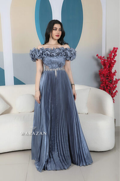 Warazan Pleated evening dress with beading at the bodice and ruffles on the s...