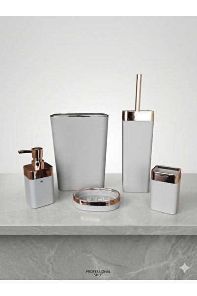 Caspian Plus Lüks 5 Parça Banyo Seti - Mat Dokulu & Rose Gold Şeritli