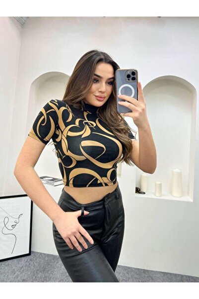 EVOA Women's Patterned Mock Neck Cropped & Blouse