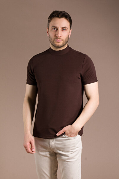 ZEKİ ÖZER Men's Brown Half-Neck Soft T-Shirt