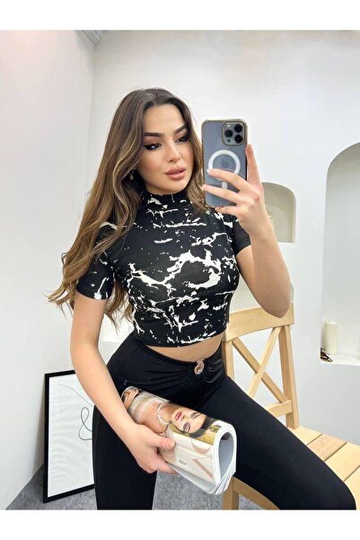 EVOA Women's Patterned Mock Neck Cropped & Blouse