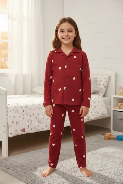 Hyd 3-12 Yaş Özel Kalpli Özel Baskılı Ve Desenli Düğmeli Kız Çocuk Pijama Set...