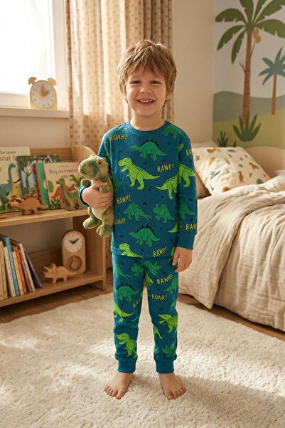 Hyd 3-12 Yaş Özel Dinazor Oyuncak Baskılı Ve Desenli Çocuk Pijama Seti Takımı