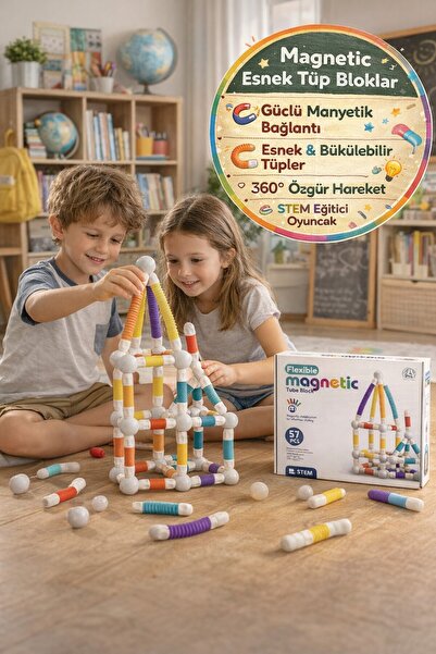 TOYFEST Magnetic Esnek Tüp Bloklar 57 Parça | STEM Montessori Manyetik Yapı T...