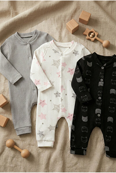 Noone 3-Piece Baby Set - Gray, White Stars and Black Bear Patterned