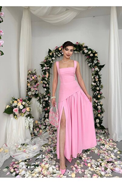 YURELİ Yırtmaçlı Kare Yaka Uzun Elbise