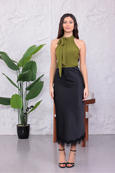 happinice Γυναικεία μακριά φούστα με σατέν δαντέλα και λεπτομέρειες