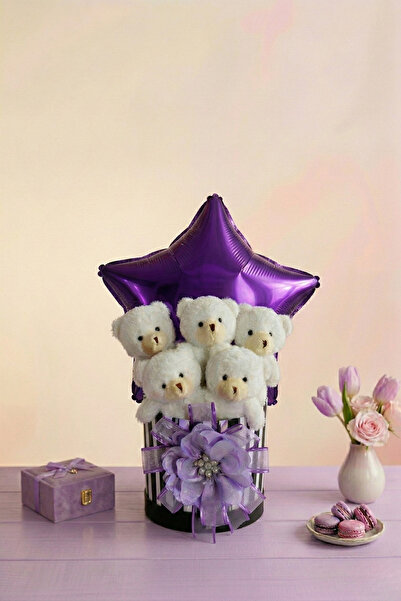 Livra Gift Kadınlar Gününe Özel Mor Yıldız Balonlu 5'li Peluş Ayıcık Buketi -...
