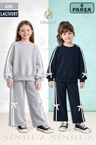 SİNREZ Bow Detail Ribboned Girls' Crew Neck 2-Piece Tracksuit Set