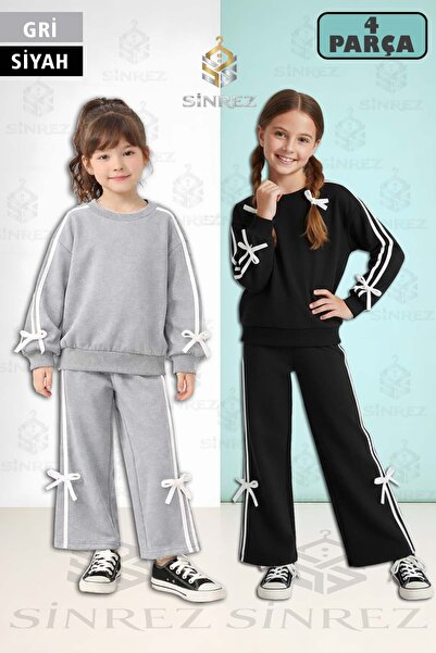 SİNREZ Girl's 2Li Bow Detail Ribbed Crew Neck Tracksuit Set with Ribbon
