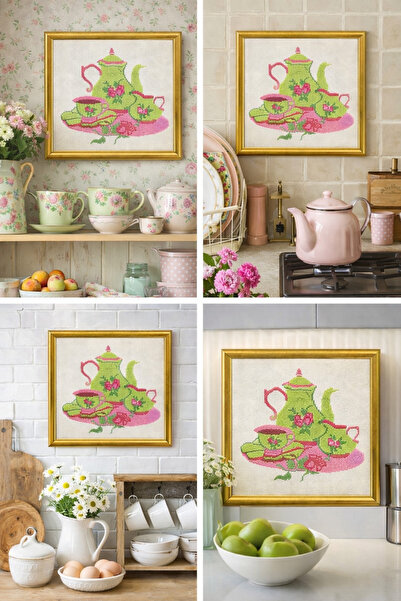 Handmadesign Vintage Framed Hand Embroidered Cross Stitch Floral Tea Set D Pa...