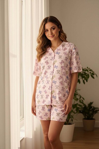 PİJAPİA Set de pijamale pentru femei material elastic cu mâneci scurte și pan...