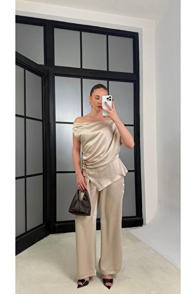 manana fashion Gold cu cataramă Asimetric croială Set de pantaloni și bluză d...