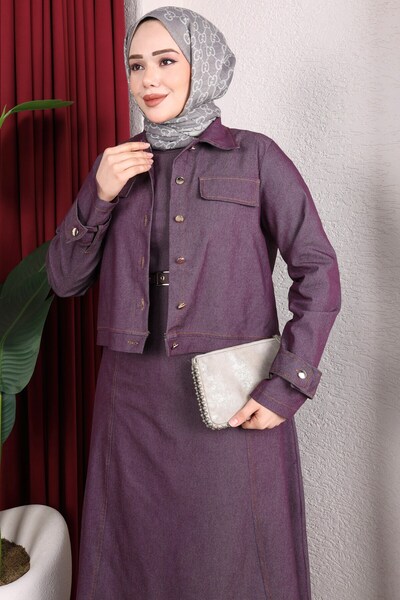 Rabia Zülal Set rochie cu mâneci scurte și centură, cu jachetă din denim - Ro...